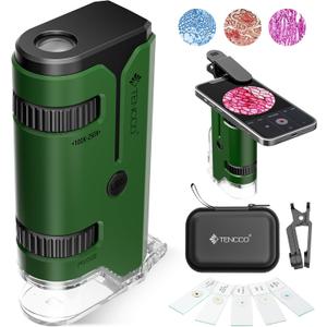 100x-250x Pocket Microscope for Kids Adults, Protable Handheld Miniscope, Mini Microscope Kit for Kids Adults Home School Lab Biology Science Education, Green