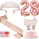 28th Birthday Decorations for Women with 28th Birthday Sash and Tiara, Cake Topper and Candles, Number Balloons, 28 Year Old Gifts for Women