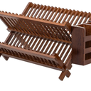 HBlife Dish Rack,Teak Folding 2Tier Collapsible Drainer Dish Drying Rack with Utensils Flatware Holder Set