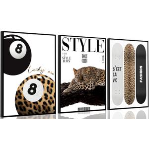 3Pcs Trendy Leopard Wall Art Preppy Aesthetic Stylish Leopard Painting Picture Wall Decor Funky Lucky 8 Ball Cheetah Poster Print Artwork for Bedroom Living Room Bathroom Home Decoration Unframed (16"L x 12"W)
