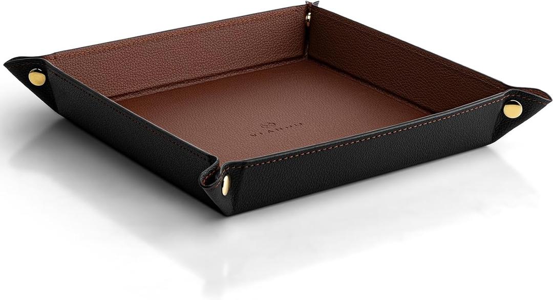 Vlando Valet Tray for Men Women, Nightstand Organizer Vanity Catchall Holder for Dresser Desk Storage Bedside, Travel PU Leather Jewelry Key Bowl Coin Watches and Candy Entryway Tray - Large, Brown