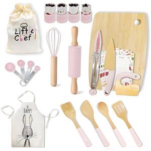 Wooden Cooking & Baking Set for Real Cooking, 32PCS Mini Knife Set Safe Montessori Kitchen Tools, Kitchen Knifes/Cutting Board/Apron with Storage Bag, Baking Utensils Christmas Gift for Little Chef