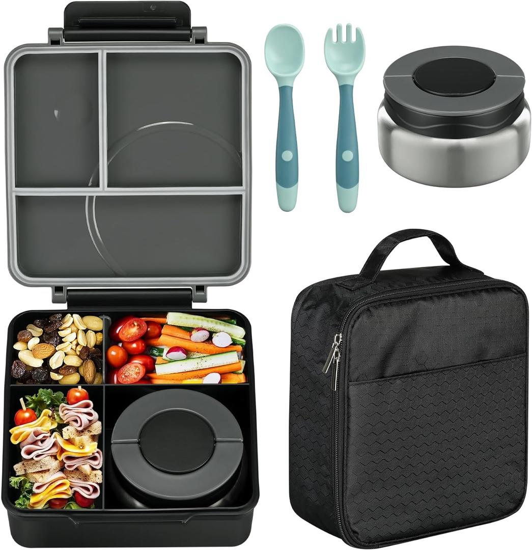 Itslife Bento Lunch Box for Kids with 8oz Soup Thermo&Lunch Bag, Leak-Proof Lunch Food Containers with 4 Compartment, Hot Food Insulated Food Jar for Kids School (Black&Grey)