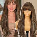 Brown Blonde Highlight Wigs with Bangs,Brown Layered Wig for Women,Long Wavy Wigs Synthetic Hair Wig for Party Daily Use 26IN