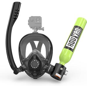 Mini Scuba Tank with Snorkel Mask 0.5L Inflatable Diving Tank with Full Face Diving Mask Pony Bottle Backup Diving Air Tank Suits for Recreational Snorkeling Shallow Diving