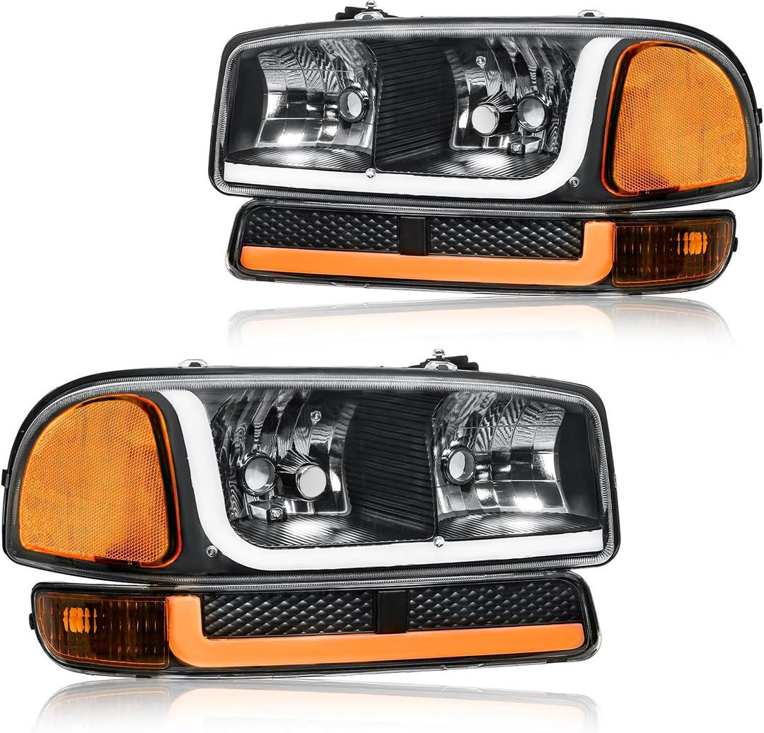 LED DRL Headlight, Headlights Assembly Kit Compatible with 1999-2007 GMC Sierra 1500/2001-2007 GMC Sierra 1500HD 2500HD 3500, Fit 1999-2006 Yukon Headlamp Black Housing Amber Reflector