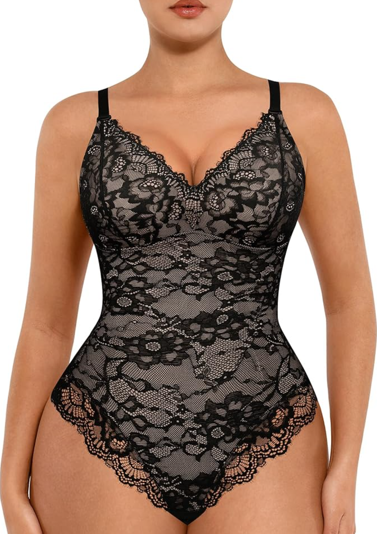 FeelinGirl Shapewear Bodysuits for Women Lace Shapewear Tummy Control V-Neck Sleeveless Bodysuit Tops Jumpsuit Size XL