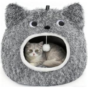 CATISM Cat Bed, Cat Beds for Indoor Cats - Kitten Bed Cave Washable, Soft Plush Hooded, Removable Pillow, Non-Slip Base, Large Cave for Kitty