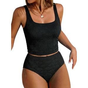 ZAFUL Womens Tankini Swimsuits Two Piece Tummy Control Bathing Suits Textured Tankini Swim Top with High Waisted Bottom (Black, M)