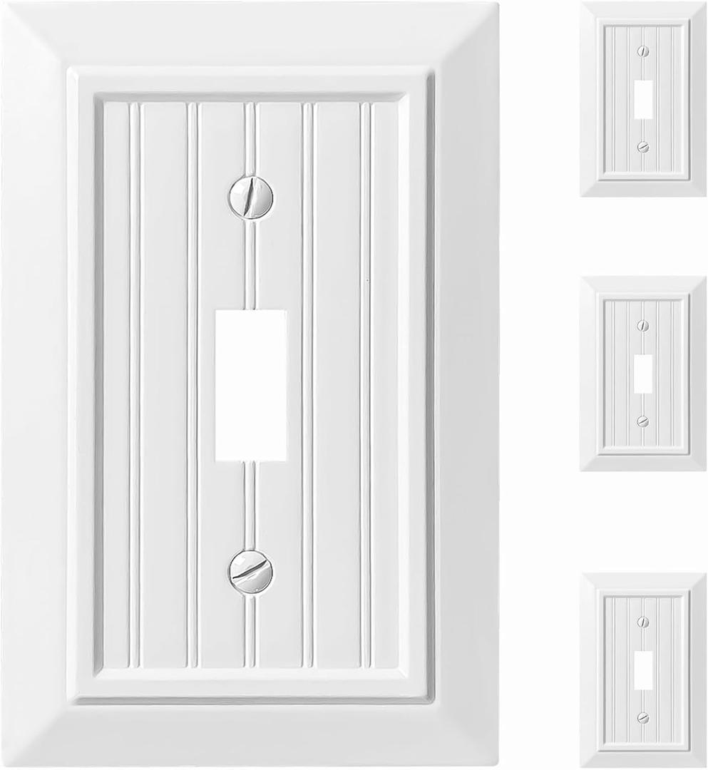 Beadboard Outlet Covers Wall Plates, Bamboo Fiber Light Switch Covers, Natural Material Electric Receptacle Decorative Switch Plate Outlet Cover Pure White (1 Gang Toggle 4 Pack)