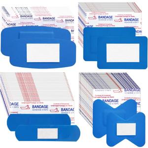 150 PCS Adhesive Blue Bandages, Metal Detectable Small Bulk Waterproof Bandage with Non-Stick Pad for Catering First Aid and Wound Care Protection 4 Shapes