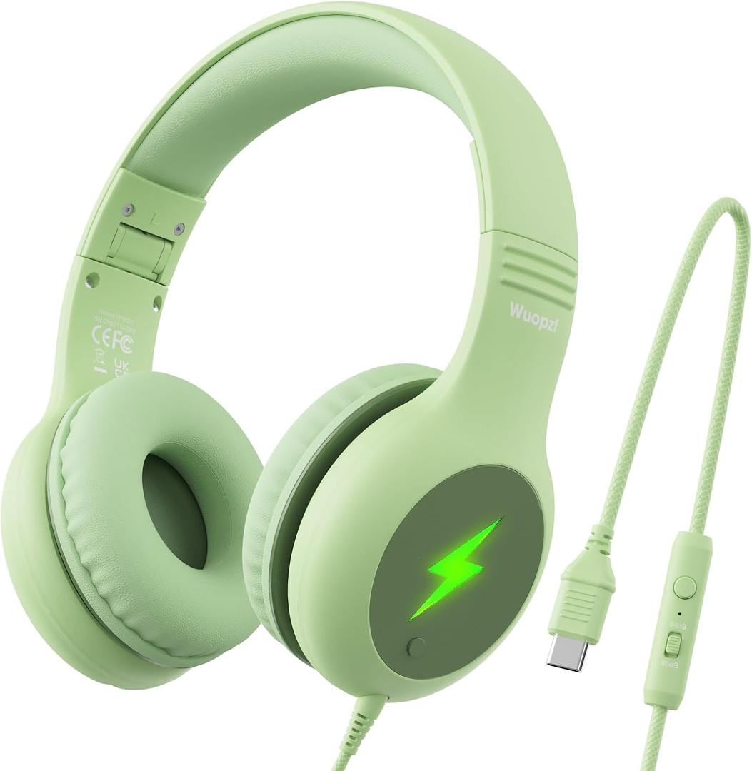 Kids USB C Headphones for School, Safe Listening Wired Over-Ear Headphones
with LED Lights , Volume Limiter & Microphone, Foldable Design for iPhone 16/ 17, iPad, Tablet