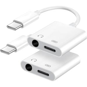 Seulliya USB C to 3.5mm Headphone Jack and Charger Adapter, 2-in-1 Audio & Fast Charging Splitter for Apple iPhone 17/16/15/Pro/Pro Max, iPad, Samsung, Pixel, and More, 2 Pack (White)