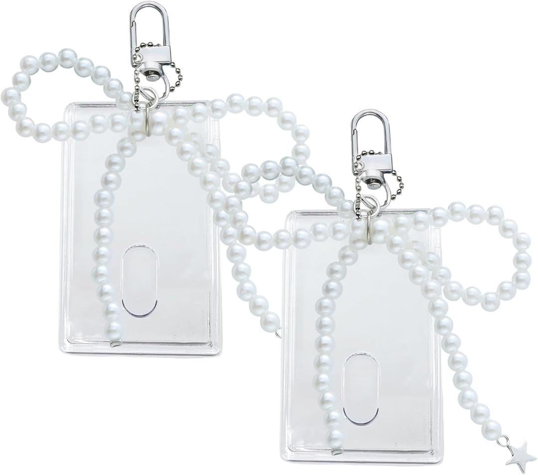 2 Sets Photocard Holder Keychain with Pearl Bow, Keychain Badge Holder Cute Photocard Holders, Lightweight Acrylic Bus Card Holders Badge ID Cards Kpop Accessories