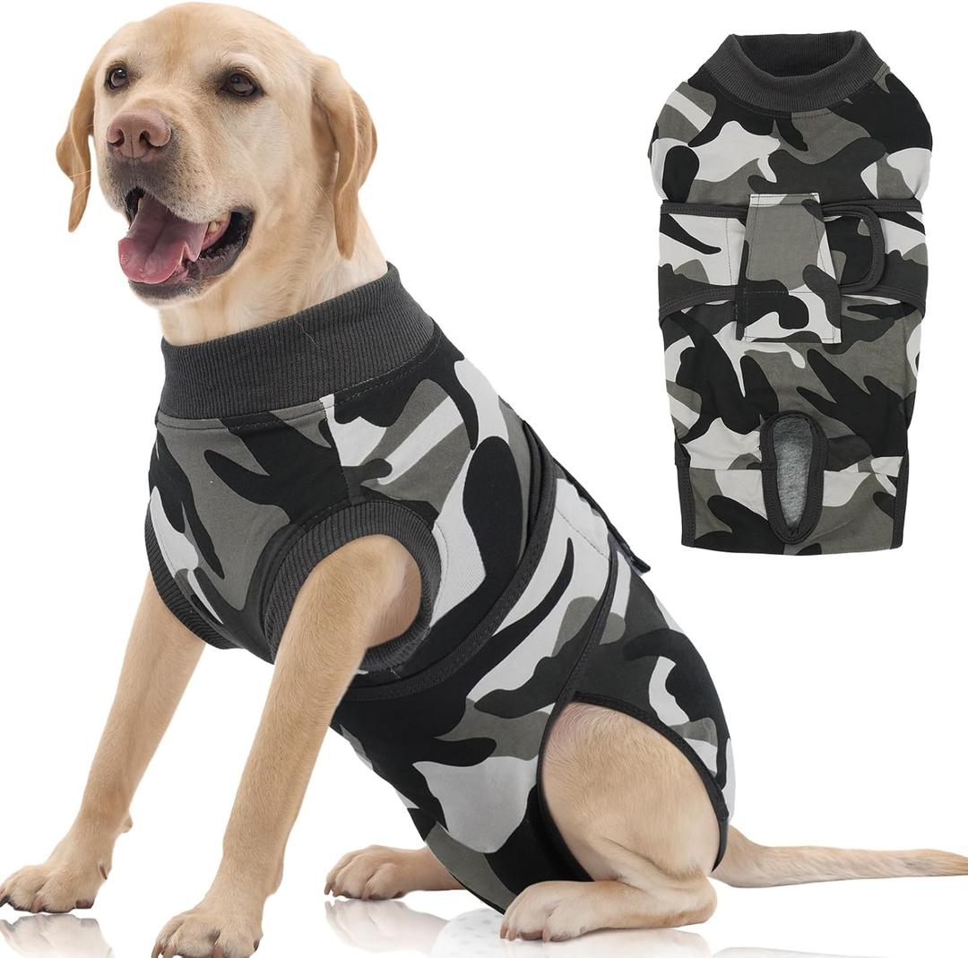 FUAMEY Dog Recovery Suit Male, Dogs Surgery Neuter Suits Puppy Spay Shirts for Female Protect Dog's Skin Anti Licking Abdominal Wounds Doggie Onesie Pet Bodysuit Alternative to Cone Grey Camouflage, XXL(Back:24.8-29.5in,WT:75+lbs))