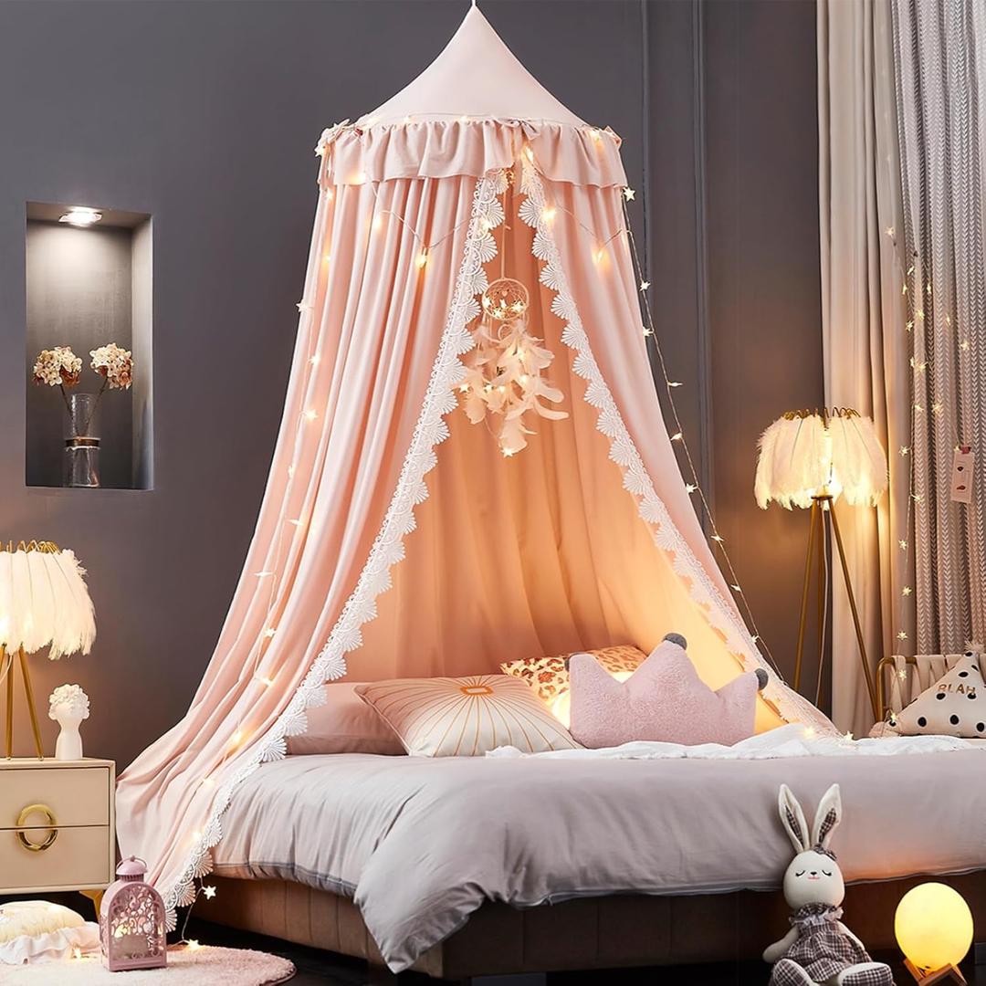 Kertnic Bed Canopy for Girls, Ruffled Soft Pink Princess Canopy Dreamy Bow Decor, Bed Canopies for Kids Room, Hanging Canopy Bedding Drapes Toddler Reading Nook Play Tent (Pink)