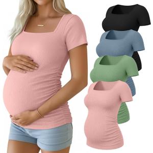4 x Huukeay 4 Pack Women's Maternity Shirts Cotton Ribbed Short Sleeve Square Neck Pregnancy Tops Side Ruched Summer Tee (L)
