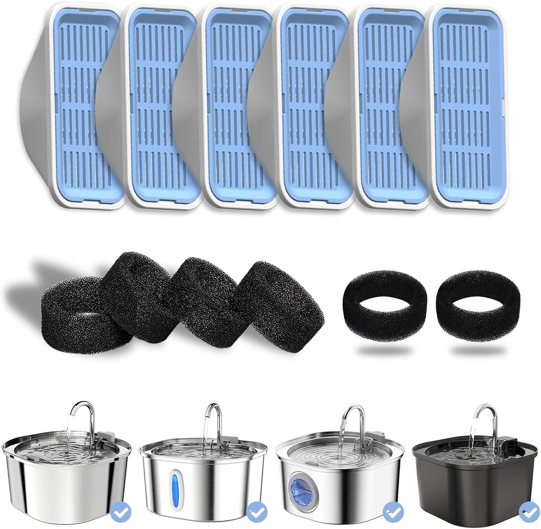 PEKTACO Cat Water Fountain Replacement Filters & Pre-Filter Sponges for 3.2L/108oz Automatic Pet Fountain, Dog Water Dispenser  6 Pack Filters & 6 Pre-Filter Sponges (Standard)