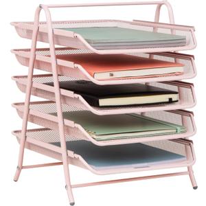 Mind Reader 5-Tier Paper Tray Organizer, Vertical Desktop File Storage Rack, Office, Metal Mesh, Pink