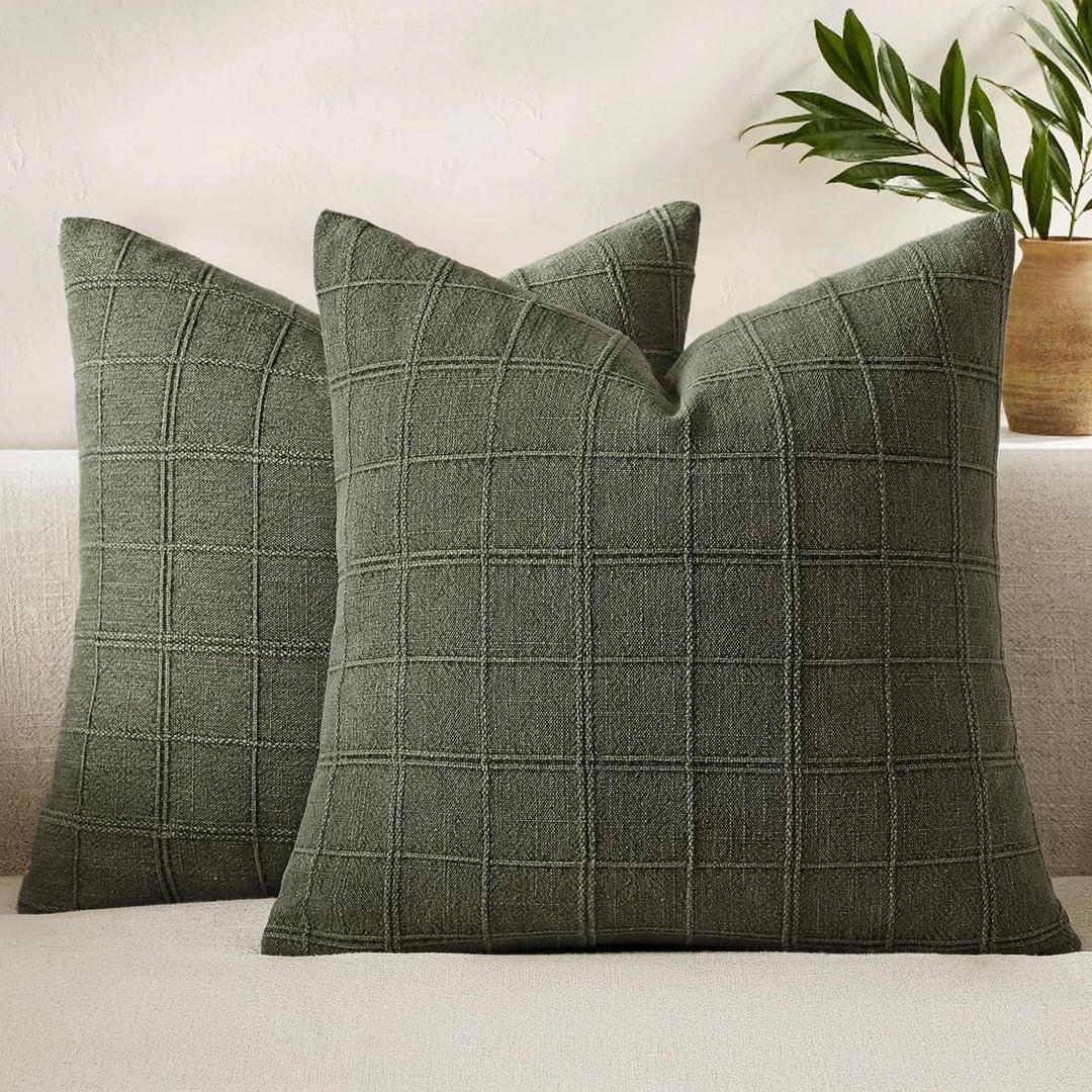Woaboy Linen Check Throw Pillow Covers Set of 2 - Olive Green Farmhouse Modern Boho Vintage Decorative Cushion Covers Spring Home Decor for Sofa Couch Bedroom Living Room 18x18 Inch