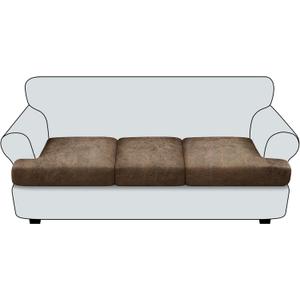 Imnopqr T Cushion Sofa Slipcovers Leather-Look 3PC Stretch Sofa Cushion Covers for 3 Cushion Couch Individually Couch Seat Covers with Elastic Bands, Pet-Friendly, Non-Slip, Easy Fit - Light Brown