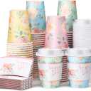 Remerry 100 Pcs 12oz Floral Disposable Coffee Cups with 100 Lids and 100 Sleeves Paper Insulated Drink Hot Coffee Paper Cups with Dome Lids and Sleeves for Parties Wedding Baby Shower(Fresh)
