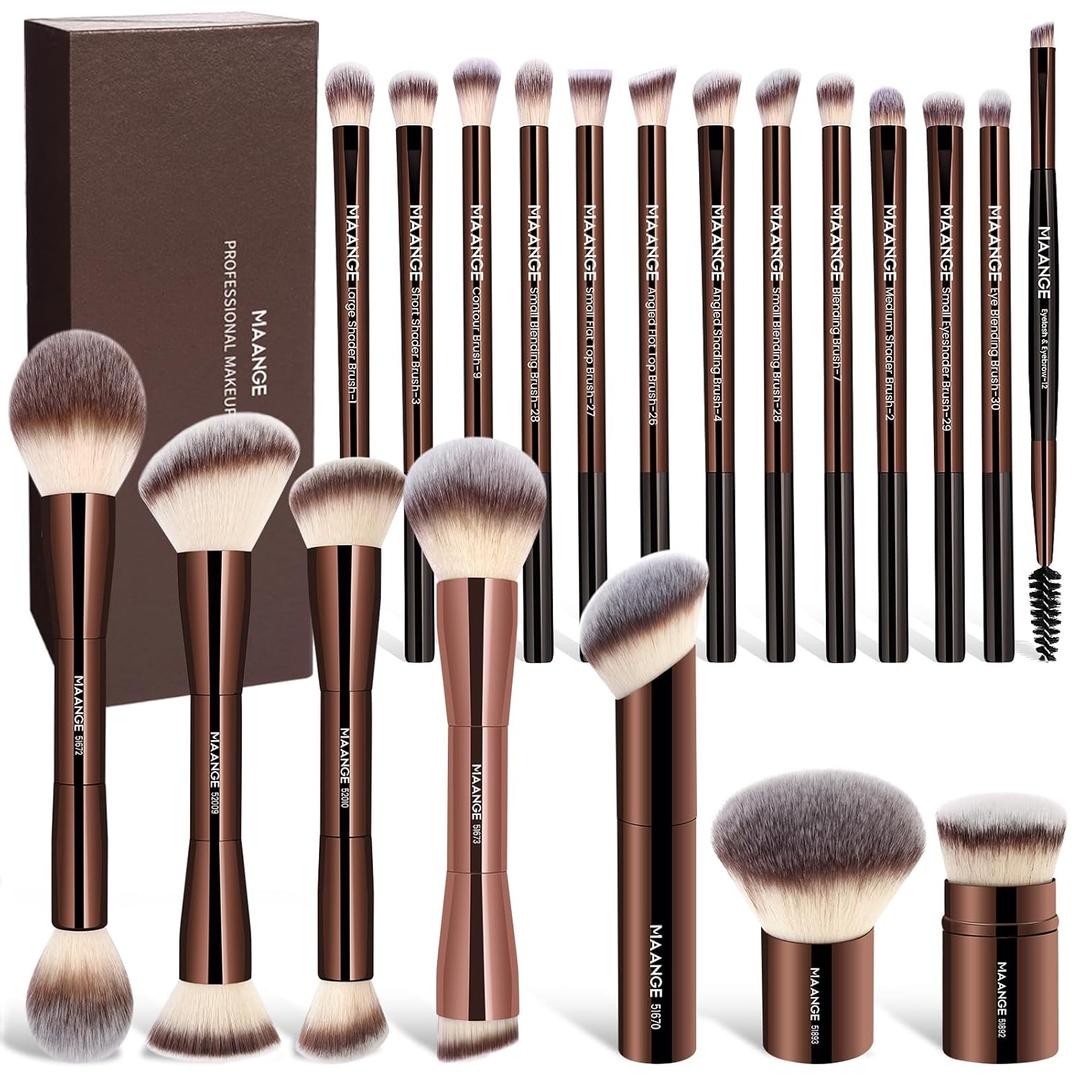 MAANGE 20 Pcs Makeup Brushes with Gift Box, Double-End Multi-functional Makeup Brushes for Blending Liquid Powder Concealer Cream Blush Buffe, CoffeeBrown