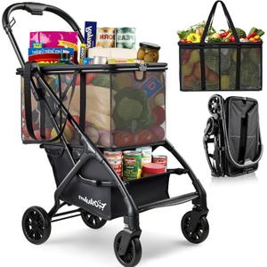 Folding Shopping Cart with Wheels, 75lbs Multi Use Grocery Carts with 360 Wheels & Removable Tote Bag, Multifunctional Portable Personal Shopping Carts for Groceries