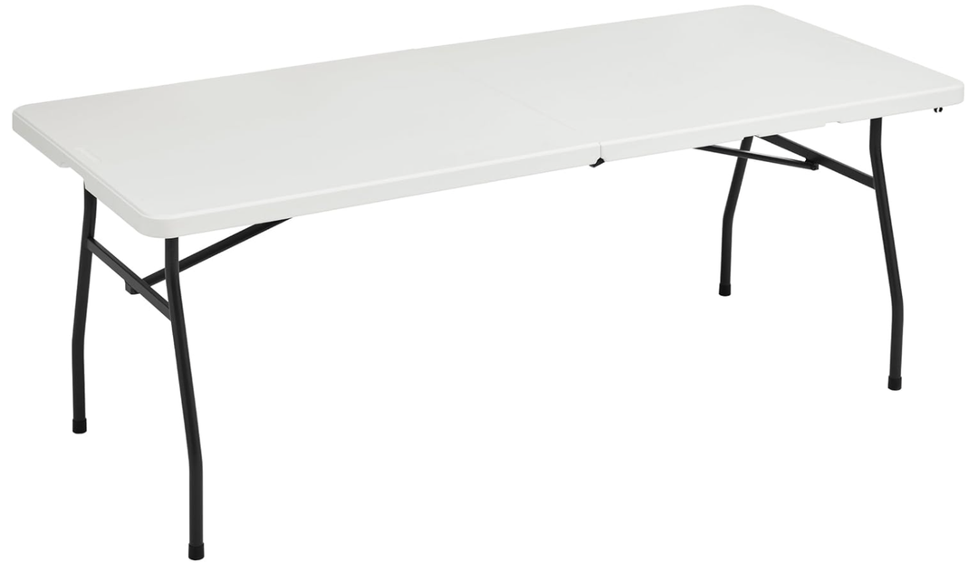 Amazon Basics Heavy Duty Portable Folding Table, 6 ft, Indoor & Outdoor, Fold-in-Half Design with Carrying Handle, White