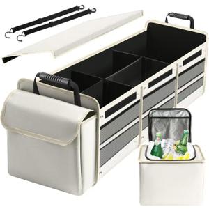 Car Trunk Organizer with Insulated Leakproof Cooler Bag, 4 in 1 Waterproof Portable Car Storage Organizer with Collapsible Cover, 3 Large Compartments, Trunk Organizer for SUV, Car, Truck (Beige)
