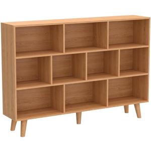 IOTXY Wooden Open Shelf Bookcase - 3-Tier Floor Standing Display Cabinet Rack with Legs, 10 Cubes Bookshelf, Pear Yellow (140CM)