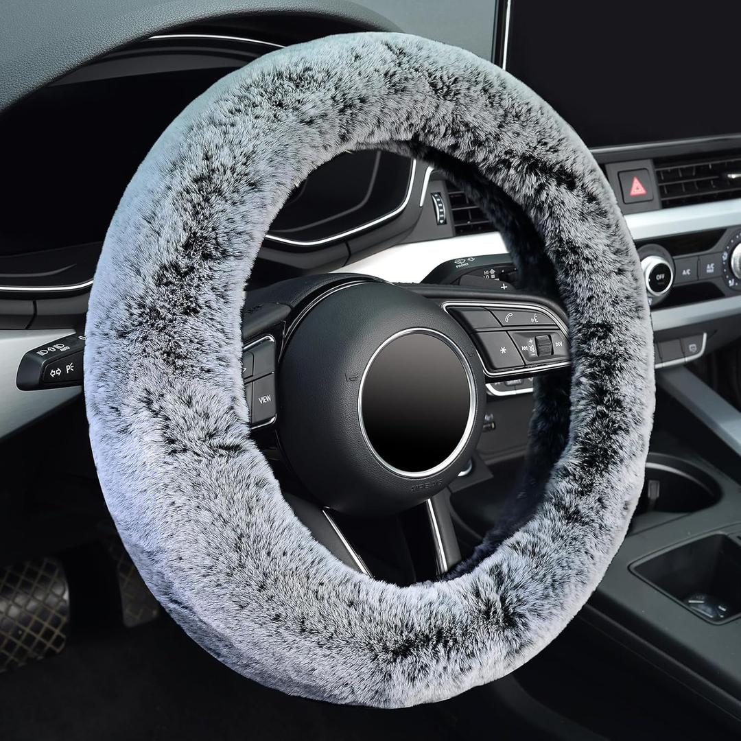 KAFEEK Frost Fluffy Microfiber Plush Steering Wheel Cover for Winter Warm, Universal 15 inch Soft Fuzzy Steering Wheel Cover,Cool Black (Standard size[14 1/2''-15''], gray)