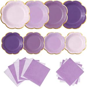 Purple Plates and Napkins Party Supplies for 20 Guests, Lavender Scalloped Paper Plates with Gold Rim, Elegant Disposable Tableware Set for Birthday, Baby Shower, Wedding, Bridal & Tea Party, 60 PCS