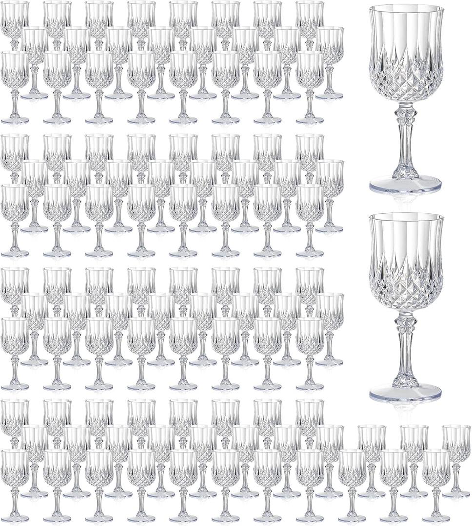 XUWAIDSGN 7oz Plastic Vintage Wine Glasses Drinking Glasses Unbreakable Wedding Glassware Crystal Water Goblets Reusable Drinkware Vintage Champagne Flutes (100, Clear)