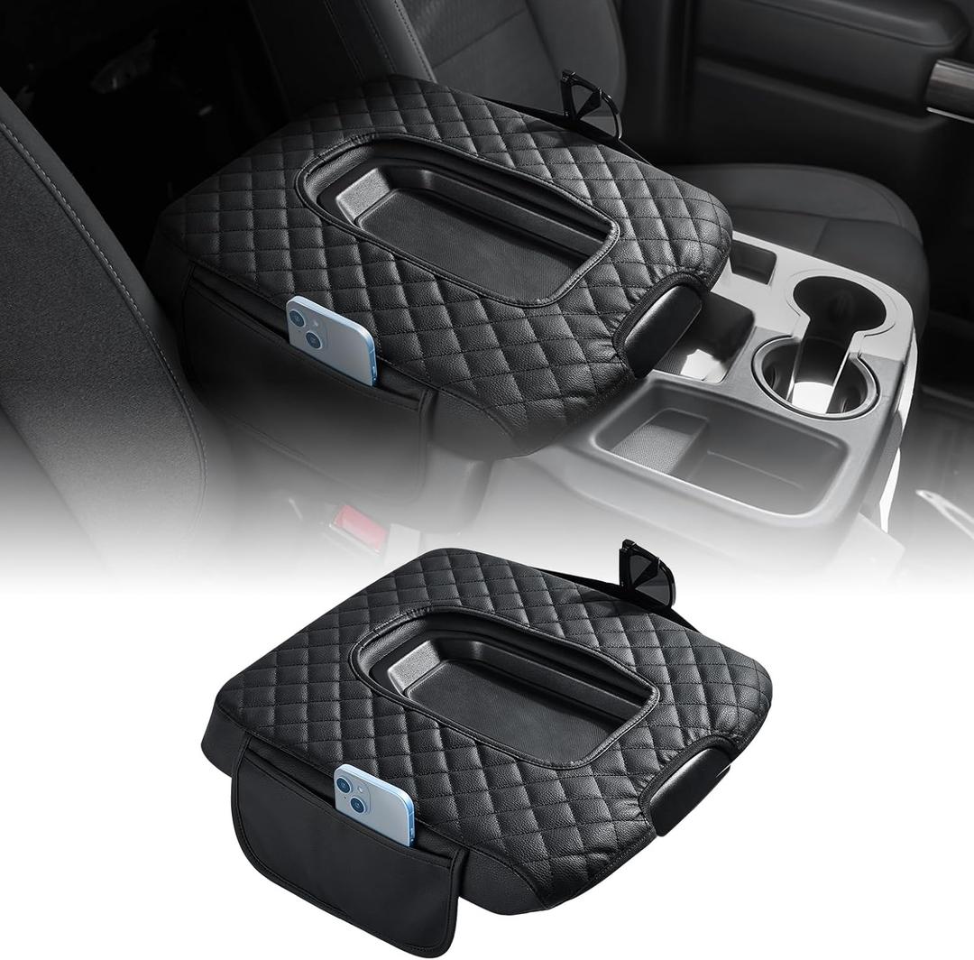 JOYTUTUS Center Console Cover Compatible with 2019-2025 Silverado Sierra Jump Seat, Leather Arm Rest Armrest Cover for Car, Durable Middle Console Cover Replacement for Trucks, with 2 Pockets