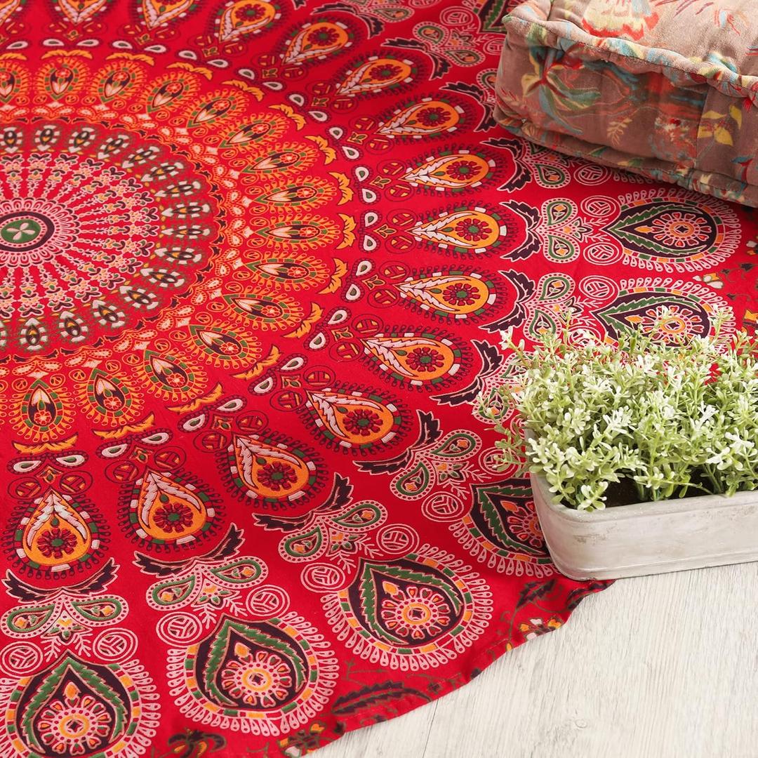 Popular Handicrafts Round Tapestry Wall Hanging Ombre Hippie Mandala Bohemian Hippy Intricate Indian Tapestries Tablecloth 50 Inches (127cm) Red Yellow (50L" x 50W")