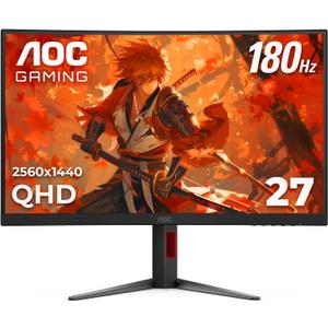 AOC CQ27G4H 27" Curved Gaming Monitor, QHD 2K 2560x1440, 1500R VA, 180Hz 0.5ms, AMD FreeSync Premium, Height Adjustable Stand, Xbox PS5 Switch Compatiable, 3-Year Zero-Bright-dot