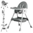Baby High Chair, 5 in 1 High Chairs for Babies and Toddlers, Travel Foldable High Chair with Detachable PU Cushion, Double Removable Tray, Adjustable Height & Recline, Locking Wheels (Grey)