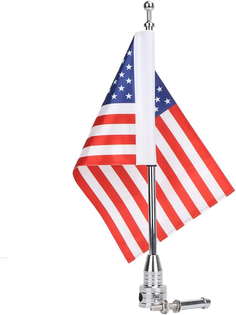 Motorcycle Flag Pole Mount and 10 by 6.7 Inch USA Red Line Flag - Double-Sided Sewn for Harley Goldwing CB VTX CBR Yamaha for 1/2 Motorcycle Luggage Rack Sliver Chrome Flagpole