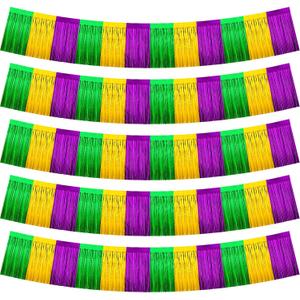 4 Pack 20 Feet Mardi Gras Foil Fringe Garland Green Yellow Purple Parade Float Decorations Metallic Tinsel Foil Streamers Curtain Photo Background for Mardi Gras Carnival Wedding Birthday Party