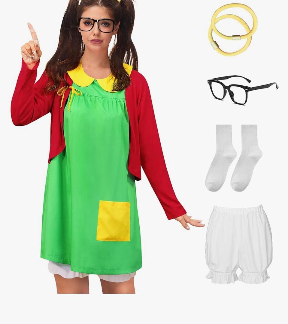 Clarisbelle Women's Halloween 6 Pcs Peter Pan Collar Outfits Cosplay Costume Green Dress with Red Cardigan  3XL