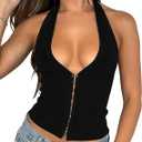 Fallorchid Womens Sleeveless Tank Tops Sexy Y2k Halter V Neck Ribbed Kint Crop Top S