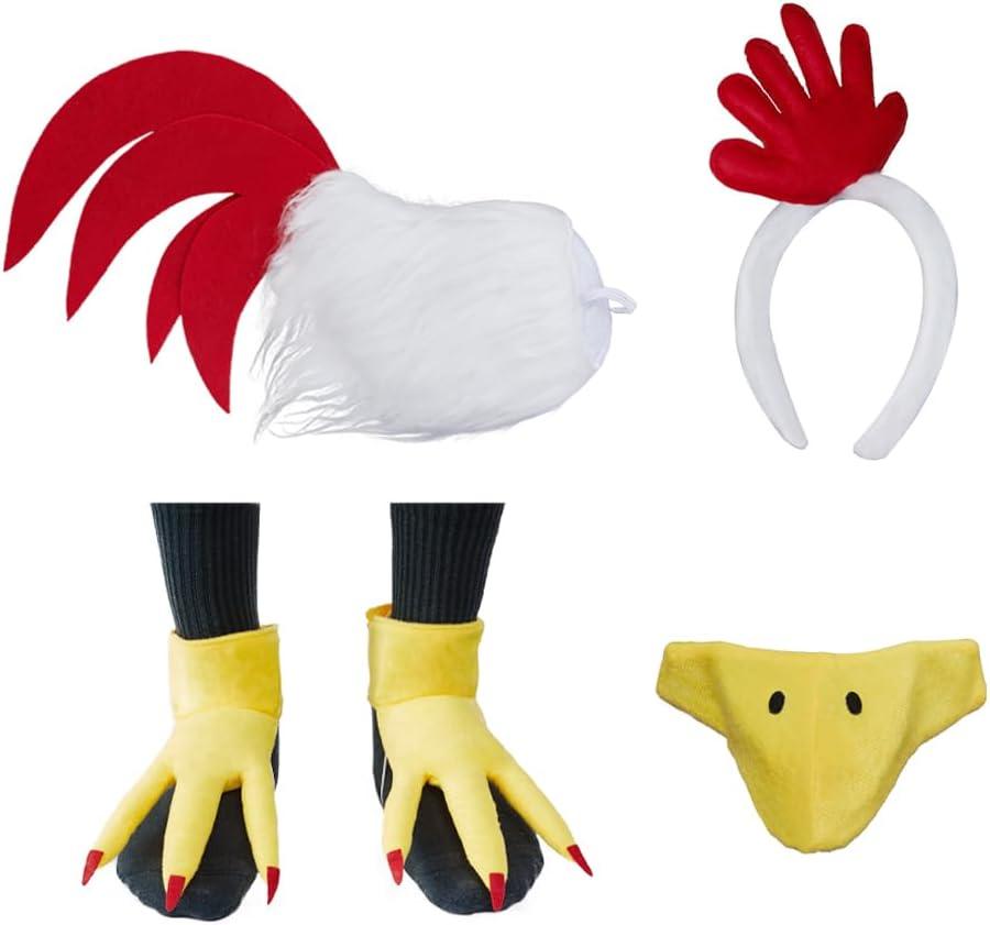 Unisex Chicken Costume Adult White Rooster Chicken Furry Headband Tail Nose Mask Carnival Thanksgiving Animal Costumes (One Size, Style-1)