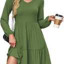 AUSELILY Womens Long Sleeve Dress 2025 Fall Casual V Neck Tiered Swing Flowy A-line Mini Short Dresses with Pockets (Green, L)
