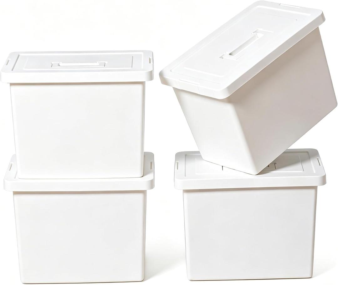 27 Quart Stackable Storage Bins with Lids - 4-Pack White 4XL Plastic Boxes with Handles, Dustproof & Insect-Proof Containers for Home, Kitchen, Office, Snacks, Toys, Tools & Books (White, 4XL)