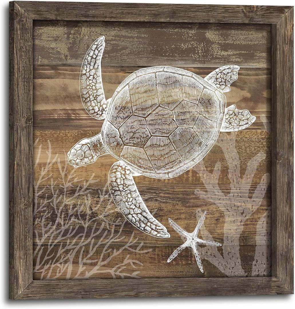 Sea Turtle Wood Wall Art: Sea Life Framed Print Picture Ocean Animal Underwater Artwork Marine Creature Starfish Painting for Living Room Bathroom Decoration 24x 24