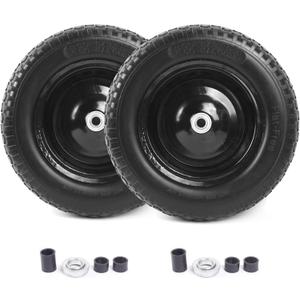 2 Pack 4.80/4.00-8" Flat Free Tire and Wheel - Universal Fit 14.5" Solid Wheelbarrow Tires with 3" Hub and 5/8" Bearings Extra Adapter kit includes 3/4" Ball Bearings, 1" and 1/2" Nylon Spacers
