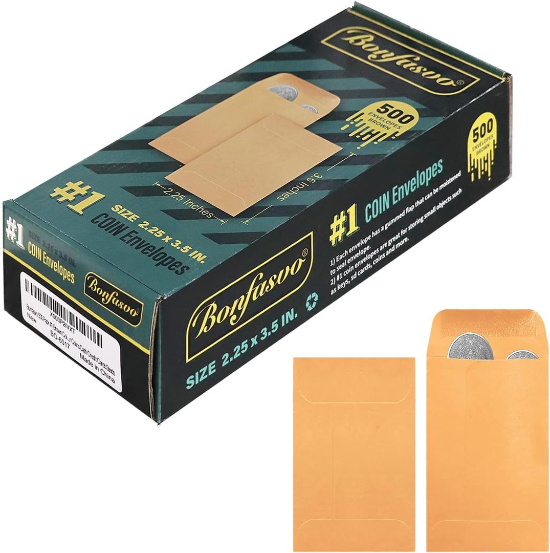 Bonfasvo 500 Pack #1 Brown Coin Envelope 2.25 X 3.5 inches Kraft Envelopes Classic Small Parts Envelopes with Self Adhesive Gummed Flap for Coins Cash Credit Cards Seeds