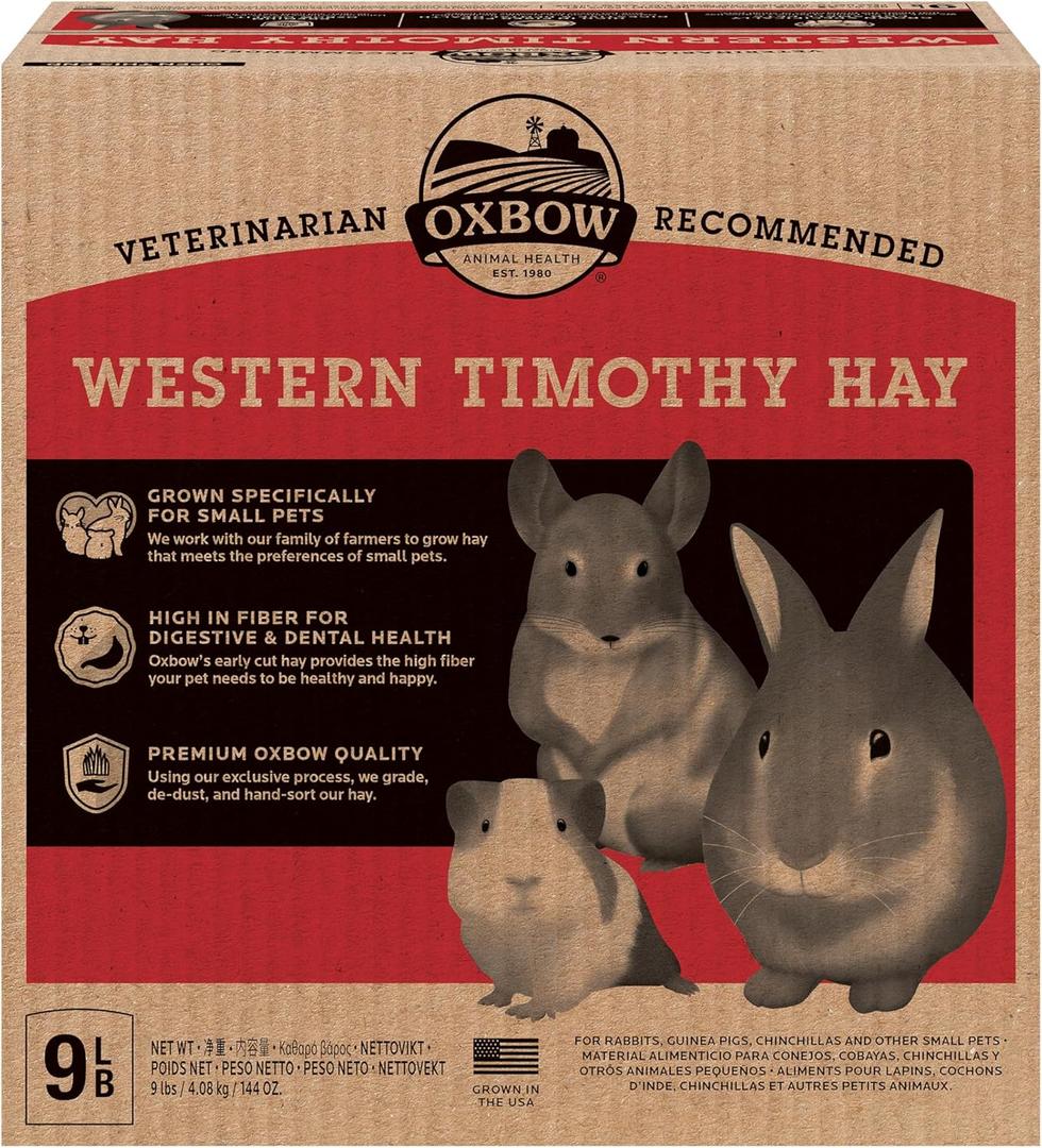Oxbow Western Timothy Hay, Guinea Pig Hay, Small Pet Bunny Supplies, All Natural Grass for Guinea Pig, Bunny, Chinchilla & Hamster, Oxbow Rabbit Supplies for Bunnies, 9 lb box
