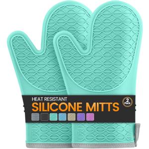 Silicone Oven Mitts, Heat Resistant 2PCS Oven Mitts with Soft Cotton Lining, Waterproof Non-Slip Grip Oven Glove, Kitchen Potholder Mits for BBQ, Baking, Cooking, 12.5 Inch - Green